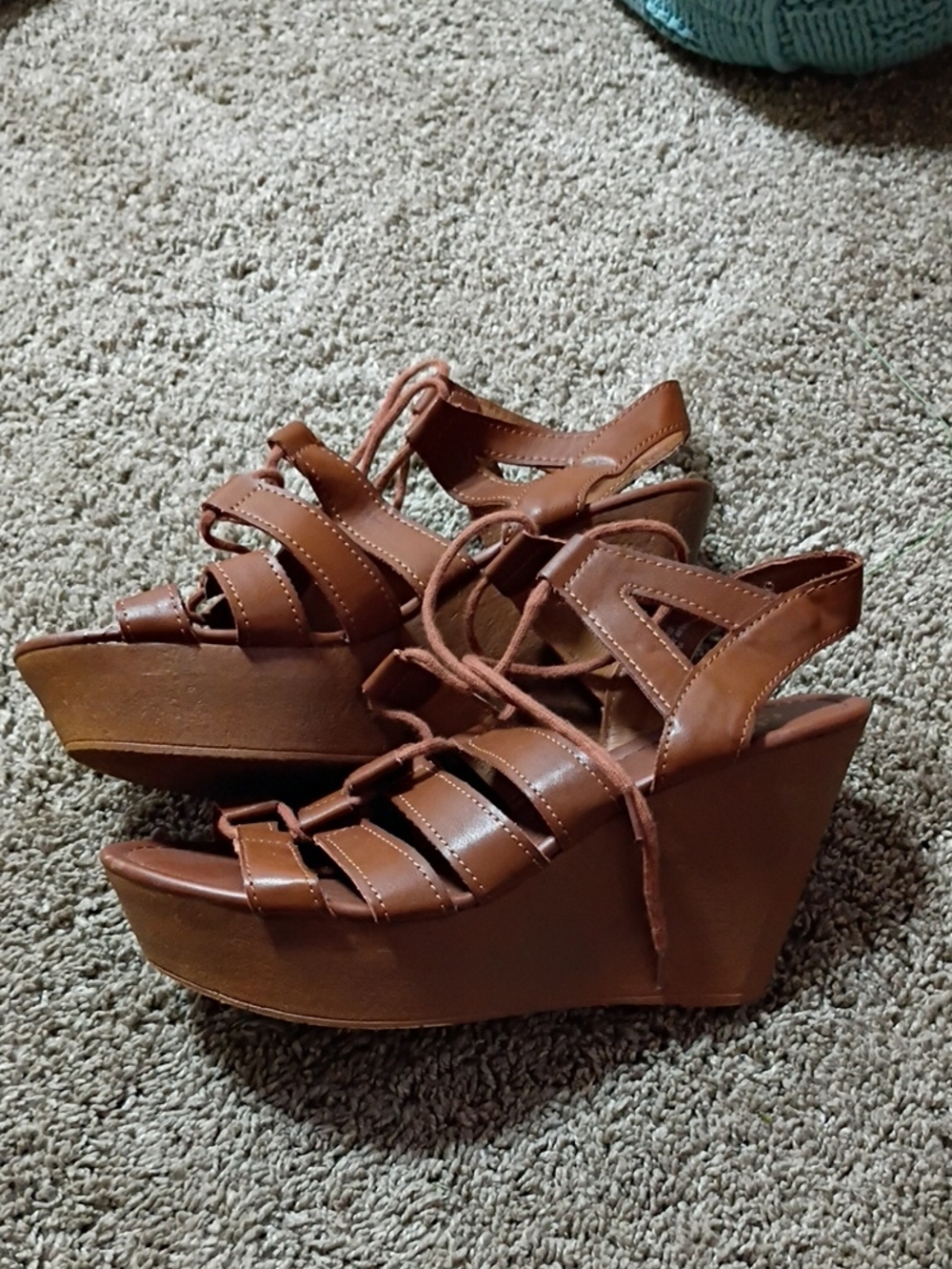 Women’s Brown Leather-Look Wedge Sandals with Lace-Up Straps